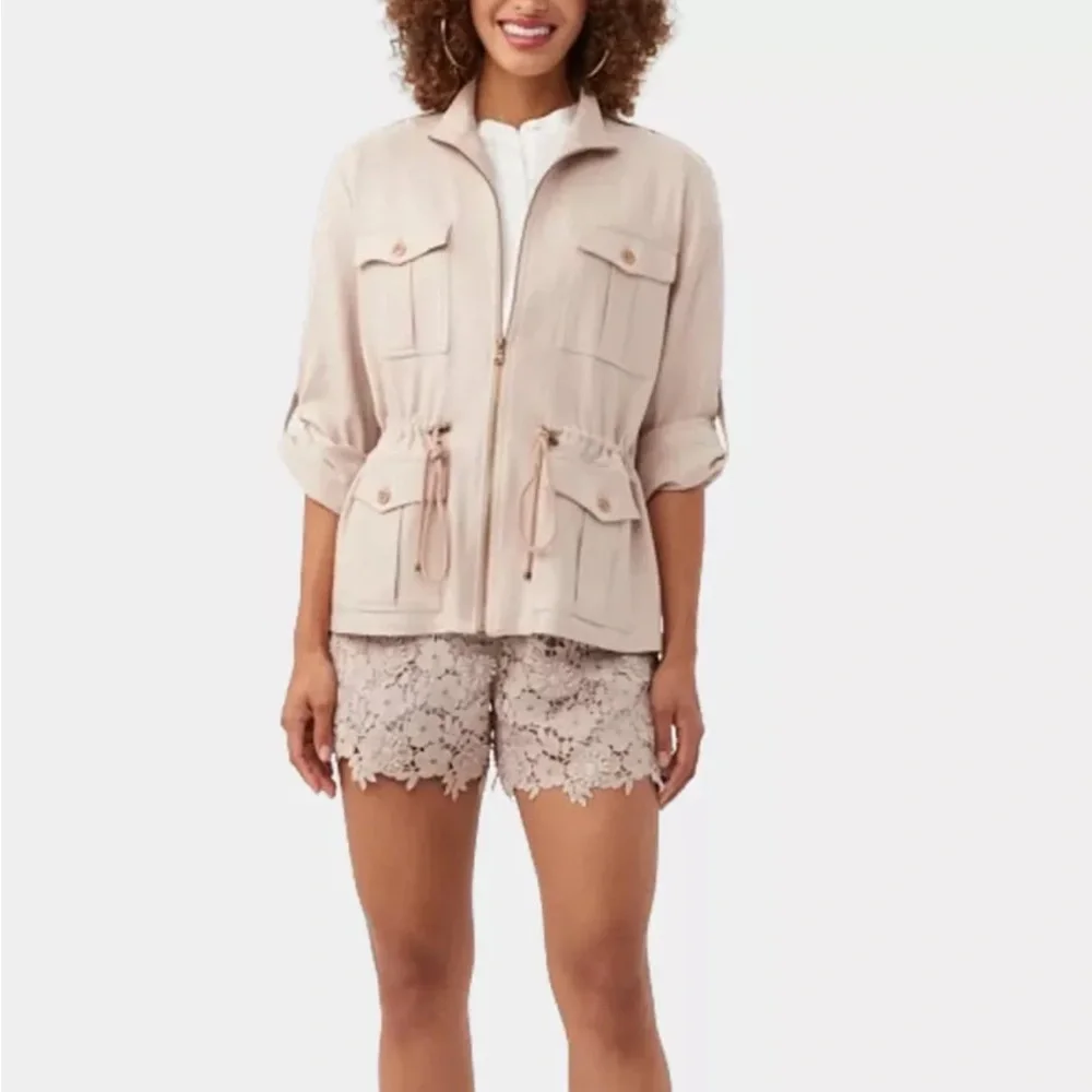 Trina Turk Full Zip Lightweight Bouyant Tunic Jacket Cinched Waist Beige Pink XS